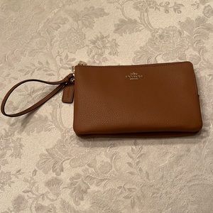 Dark Tan Coach Double Zipper Leather Wristlet